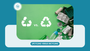 Recycling-Symbole im Vergleich, umgeben von recycelbaren Materialien.