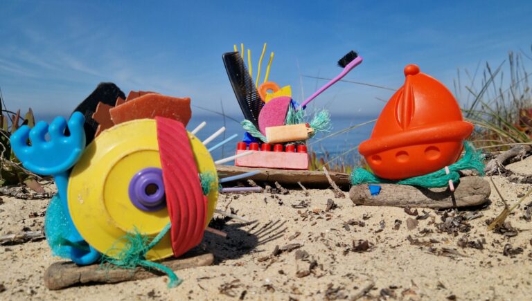 Trash Art Awards Kunstwerk aus gesammeltem Strandmüll (Plastik, Bürste, Flaschenteil) am Meer, als Beispiel für die Kreislaufwirtschaft.